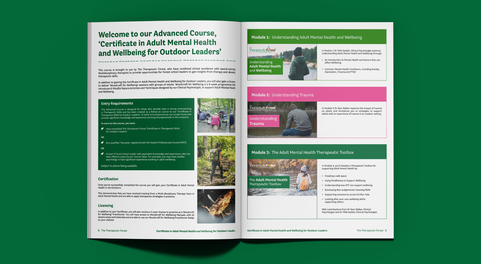 Print Design for the Certificate in Adult Mental Health and Wellbeing for Outdoor Leaders Double Page Spread