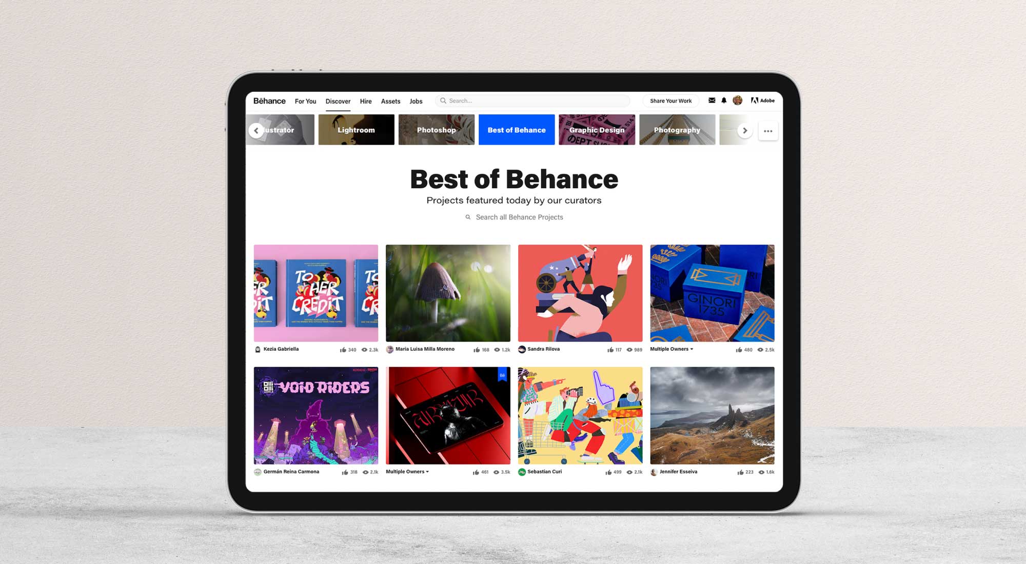 Behance Homepage displaying design inspiration